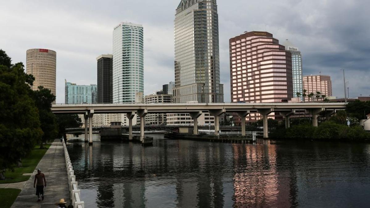 Storm clouds roll in over downtown Tampa in July.