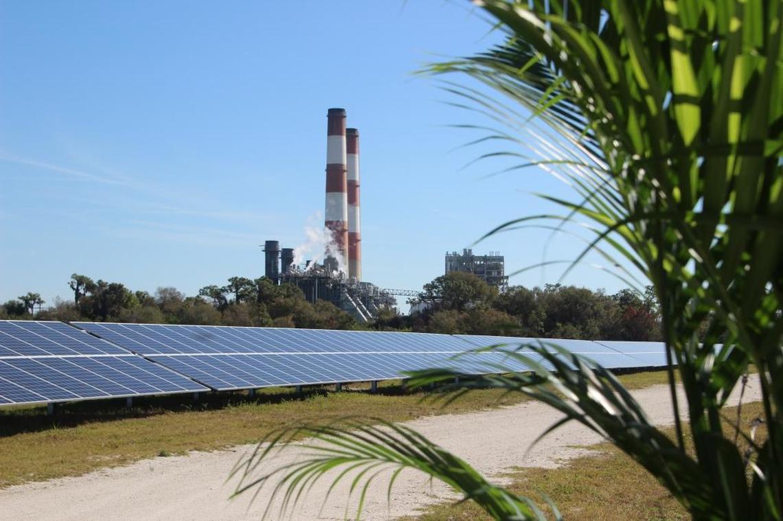 In this 2017 file photo, the FPL Manatee Solar Energy Center’s at the power plant in Parrish solar panels stand in contrast to smoke stacks where fossil fuel is used to generate electricity.