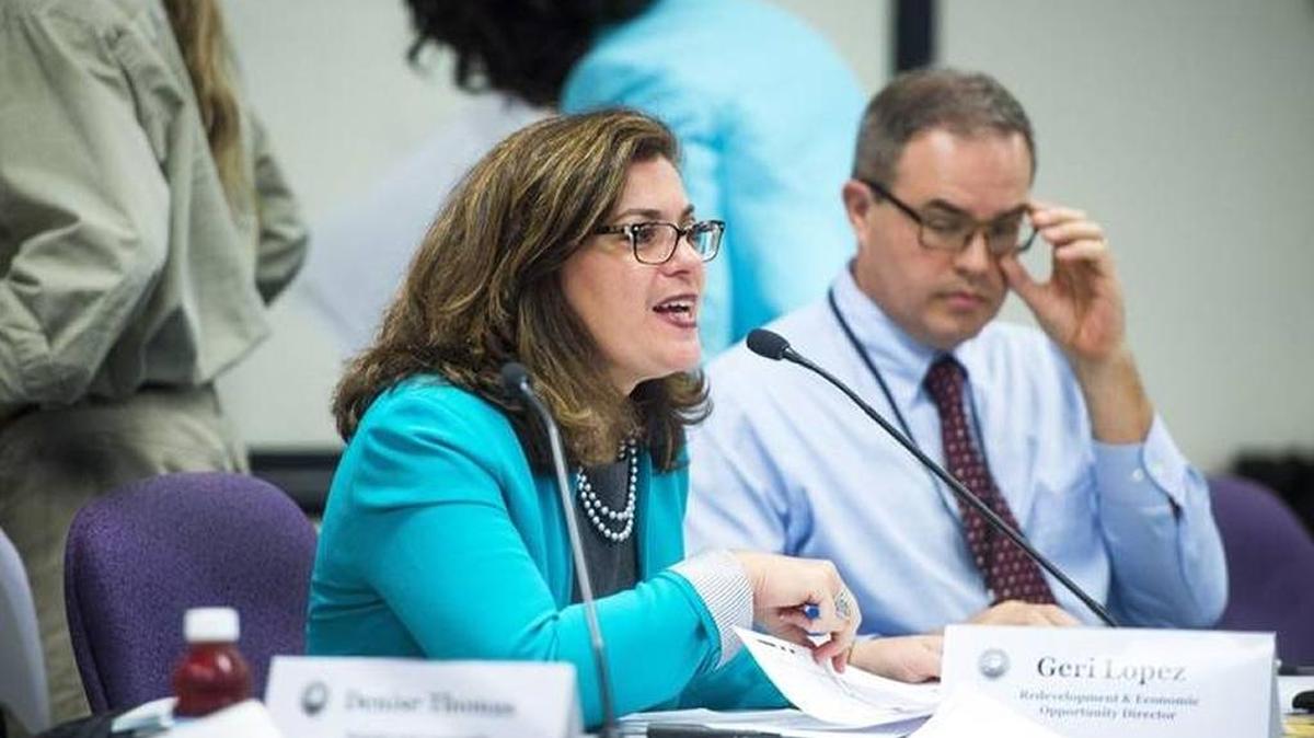 Geri Lopez, Manatee County’s redevelopment and economic opportunity director, gives an affordable housing presentation in April in advance of Tuesday’s approval to implement a new program to entice affordable housing development.