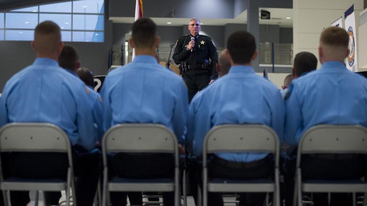 Manatee County Sheriff Rick Wells speaks at Manatee Technical College’s Law Enforcement Academy graduation on Wednesday in Wagner Auditorium at MTC in Bradenton. Nineteen students graduated from the academy as they pursue careers in law enforcement.