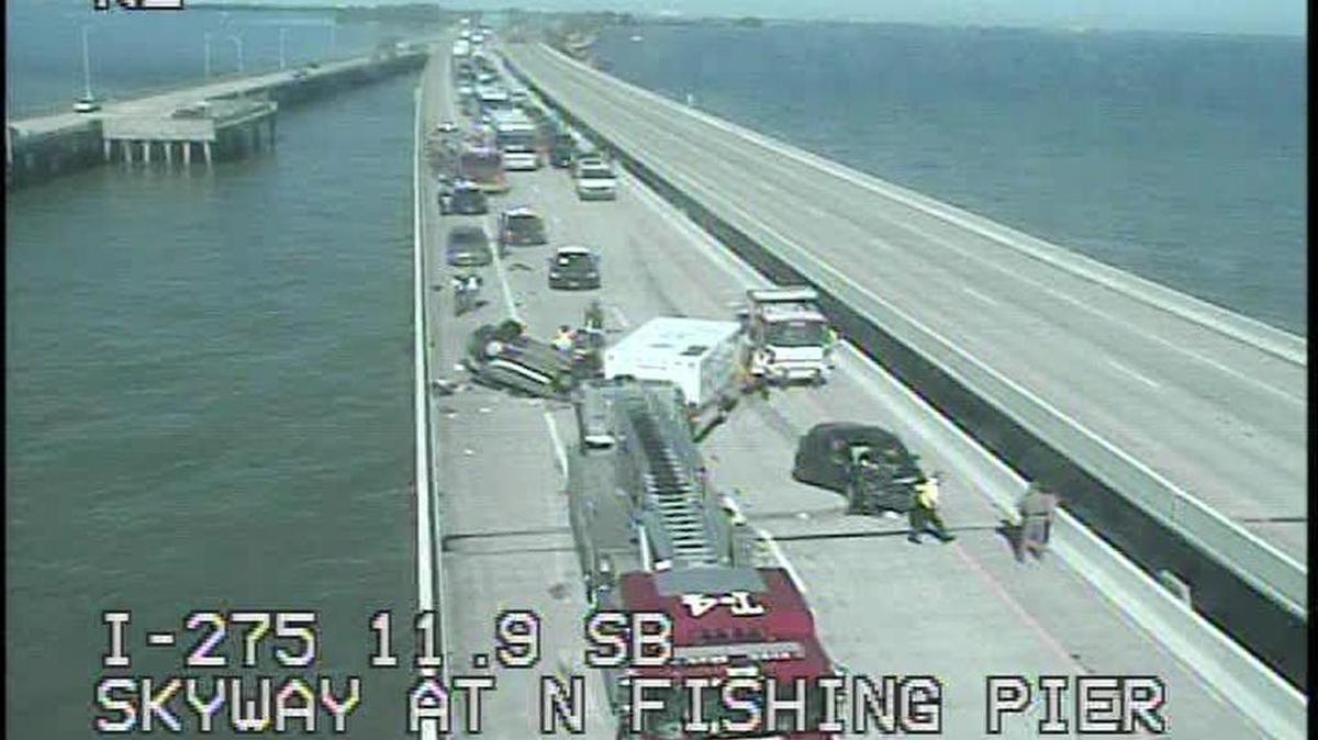 A view of one of two crashes that occurred on the Sunshine Skyway Bridge Tueday morning.