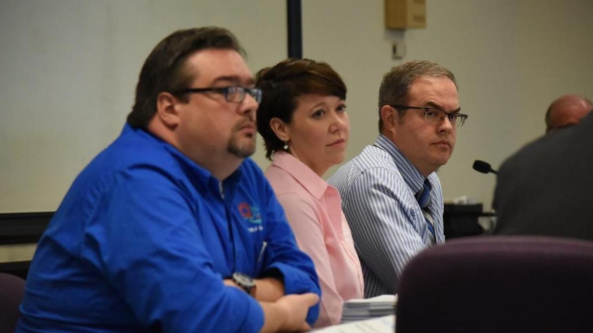 Public Safety Director Bob Smith, Emergency Management Chief Sherilyn Burris and planning official John Osborne participate in discussions about Manatee County’s hurricane shelters during a county commission workshop Tuesday.