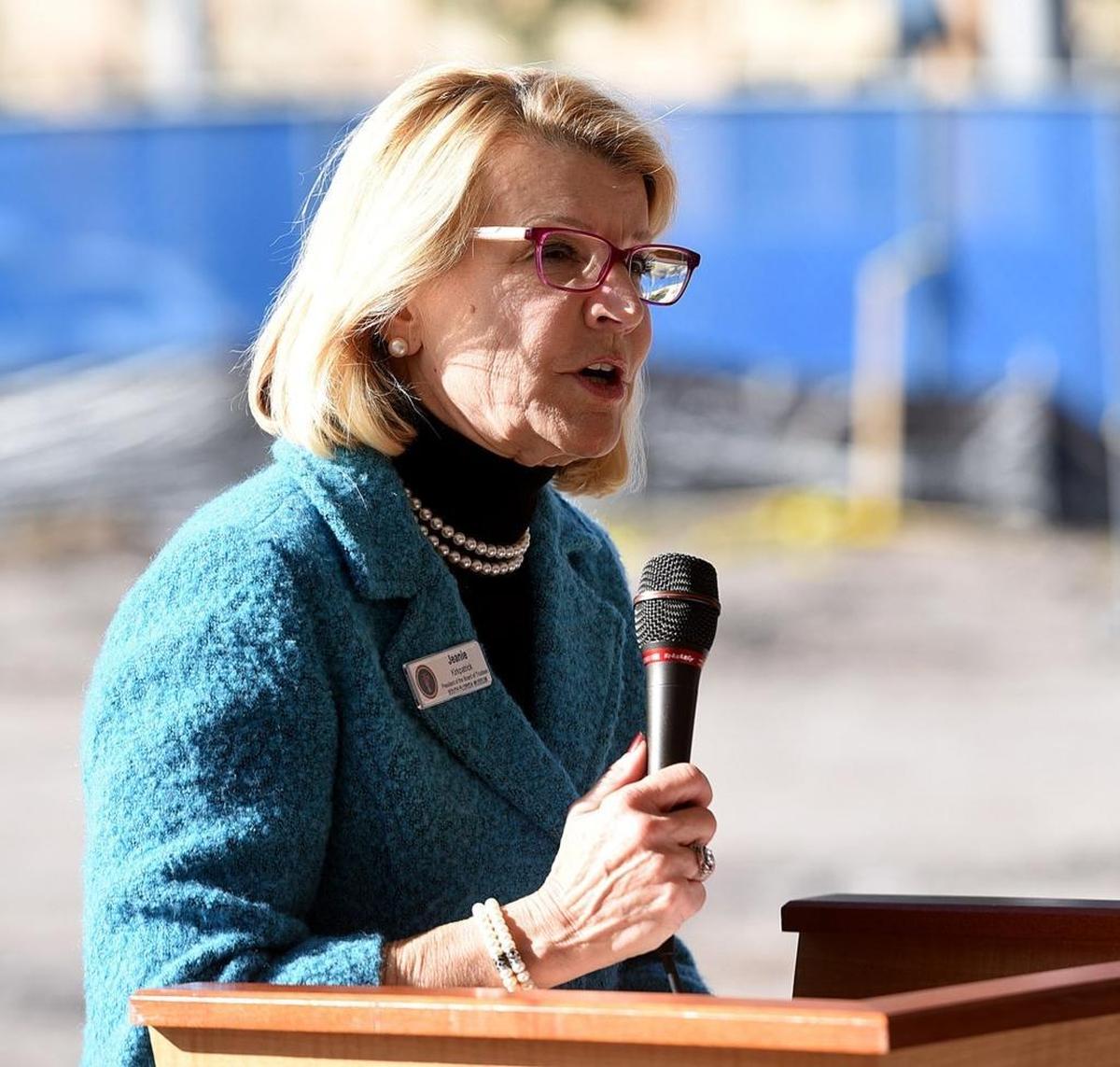 Jeanie Kirkpatrick, the president of the board of trustees, speaks as the South Florida Museum officially breaks ground on the first phase of a $12 million expansion on Tuesday.