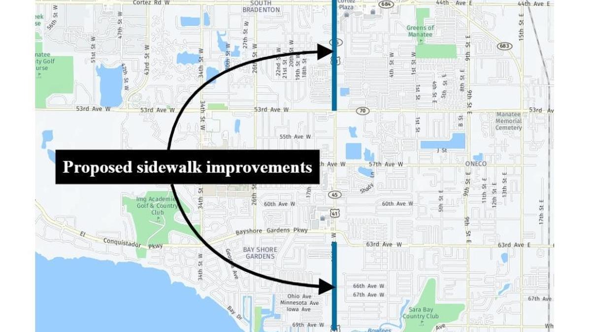 The locations of two proposed sidewalk improvements that will be the topic of an upcoming FDOT public meeting.