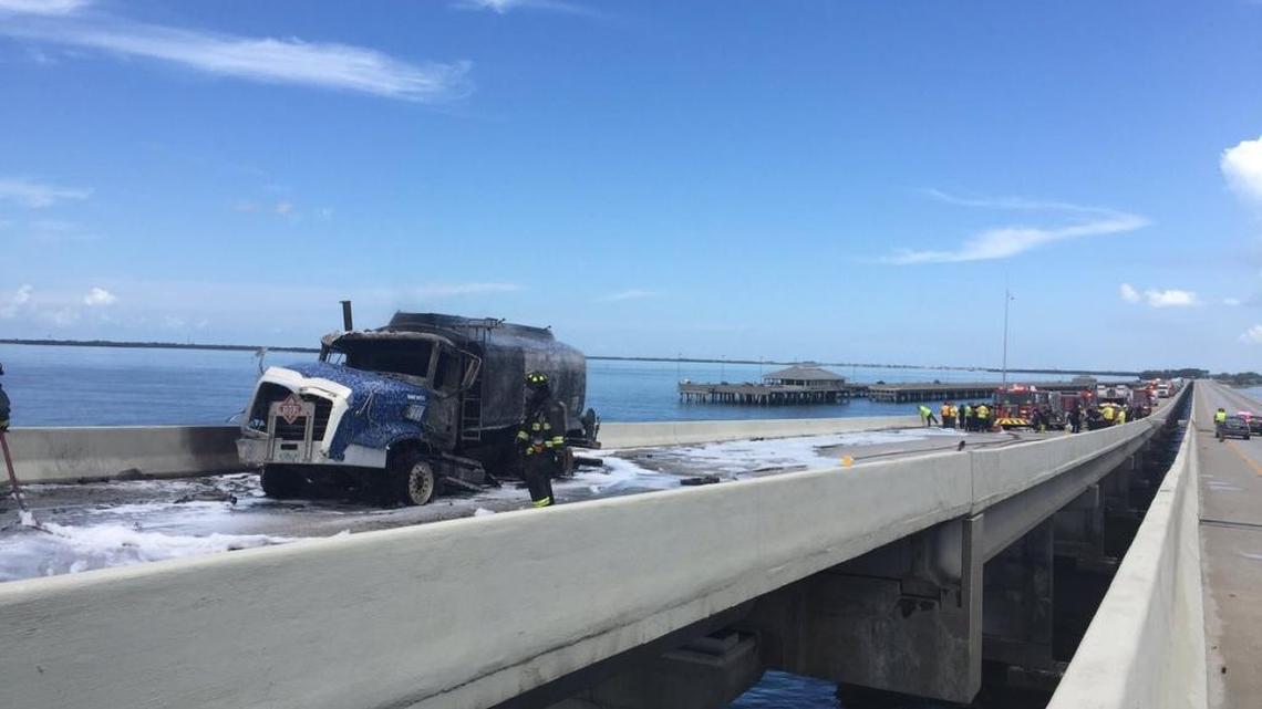 One Sunshine Skyway bridge lane southbound open, outside lane closed overnight after tanker fire
