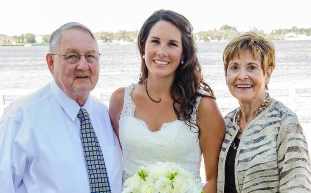 Kate Martin Carlson on her wedding day with Nanna and PopPop, Joan and Carl Dorko.
