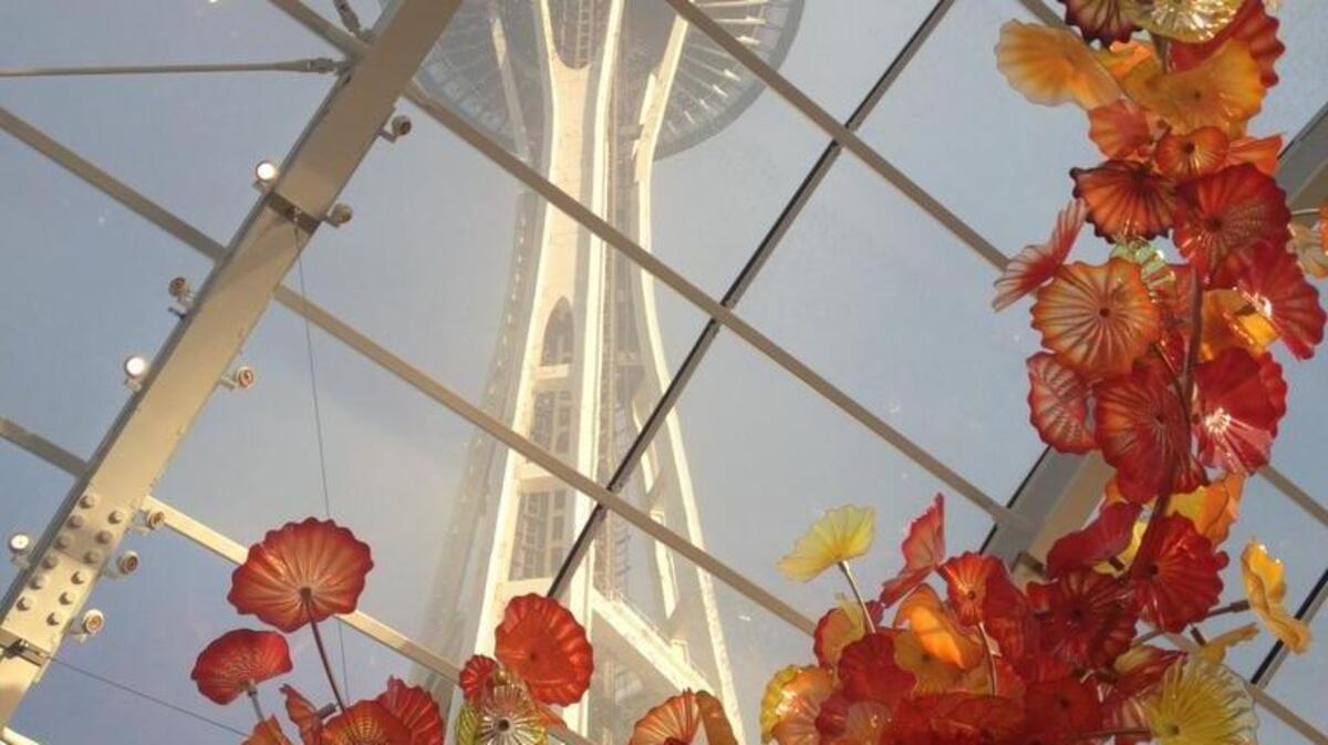 Speaking of changing perspectives, the view from the Chihuly Garden and Glass exhibit in the Seattle Center, looking up at the space needle.