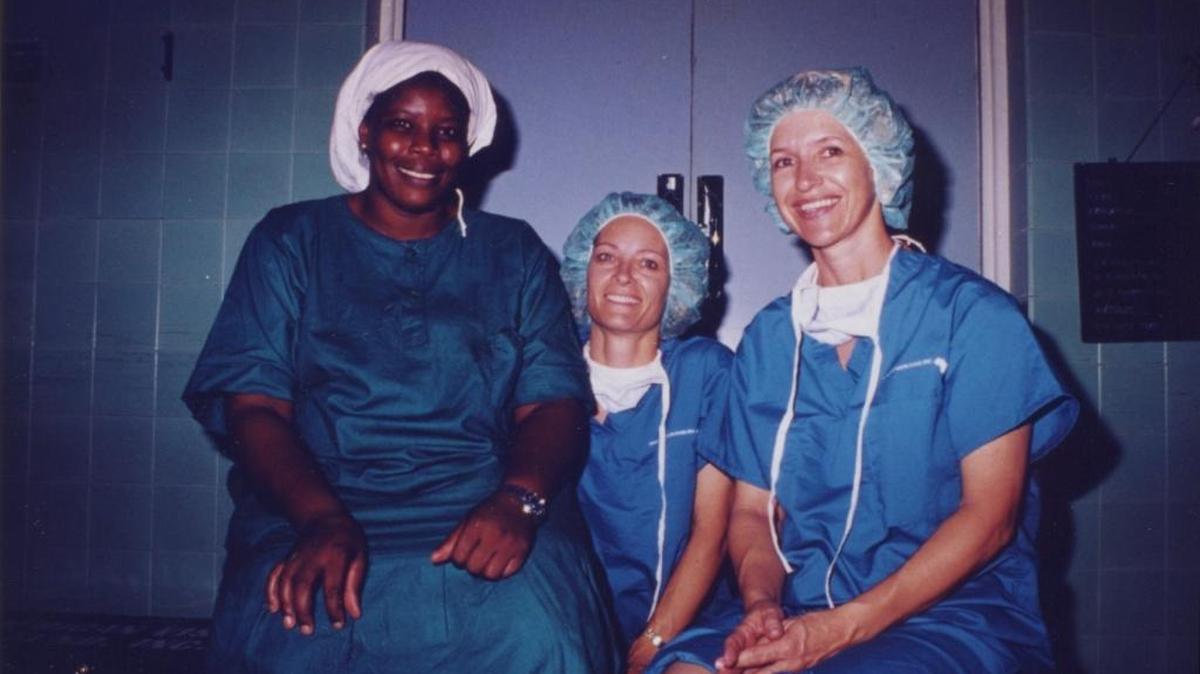 Connie Wagner, center, with a Sierra Leone nurse and American nurse on her 1990 mission