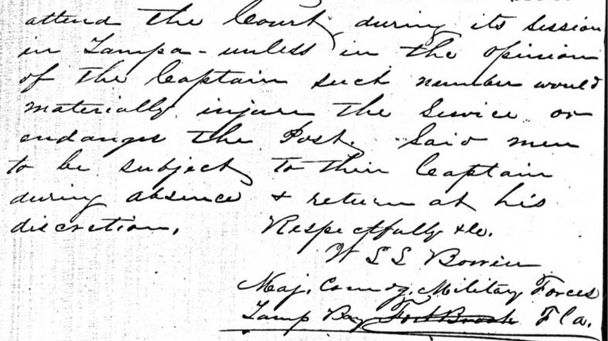 A 1861 Civil War letter from Fort Brooke to Captain Lesley on the Manatee River.