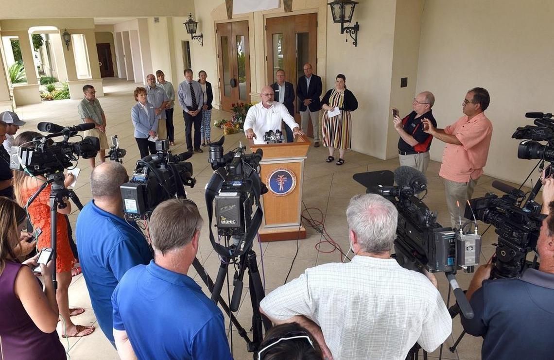 Members of the museum staff and board hold a press conference at the South Florida Museum for the latest details on the death of Snooty the manatee.