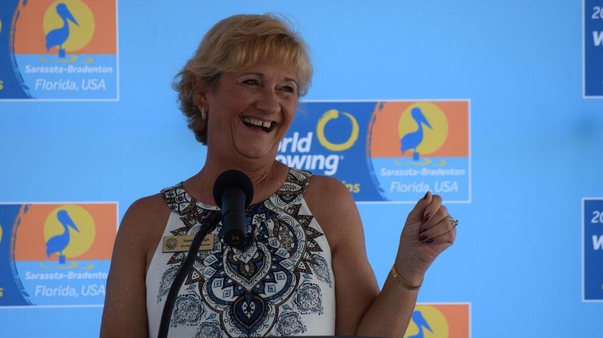 Manatee County Commissioner Vanessa Baugh speaks at the kickoff to the 2017 World Rowing Championships on Friday at Nathan Benderson Park.
