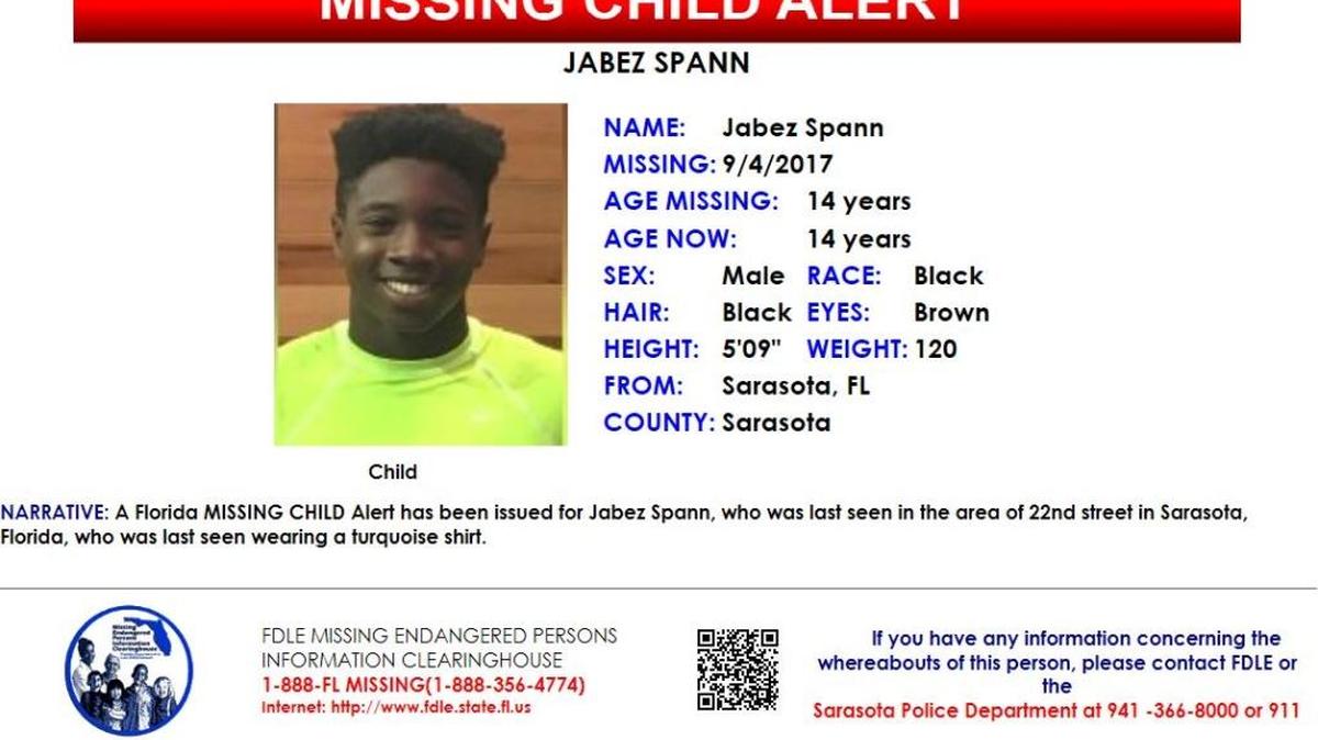 Missing child alert has been issued for Sarasota teen, Jabez Spann, last seen two weeks ago.