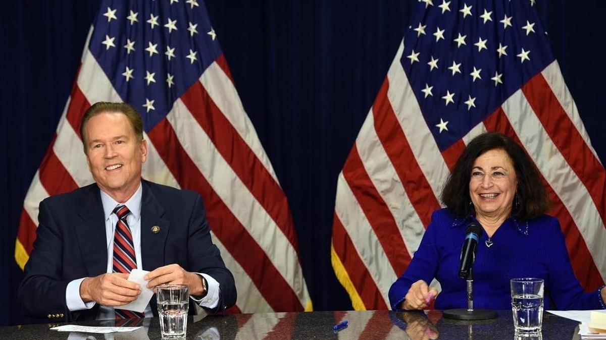 Rep. Vern Buchanan and Jan Schneider participate in a forum at METV for the US House of Representatives, District 16 during the 2016 campaign.