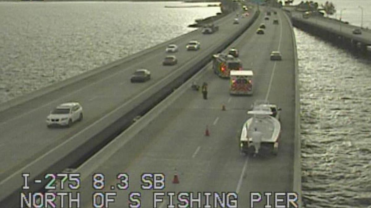 A Tuesday morning crash at the end of the Sunshine Skyway Bridge left the left lane blocked.