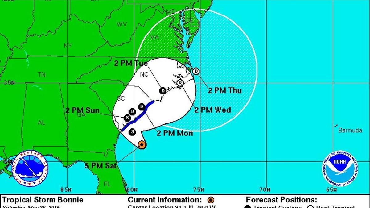 Projected track of Tropical Storm Bonnie.