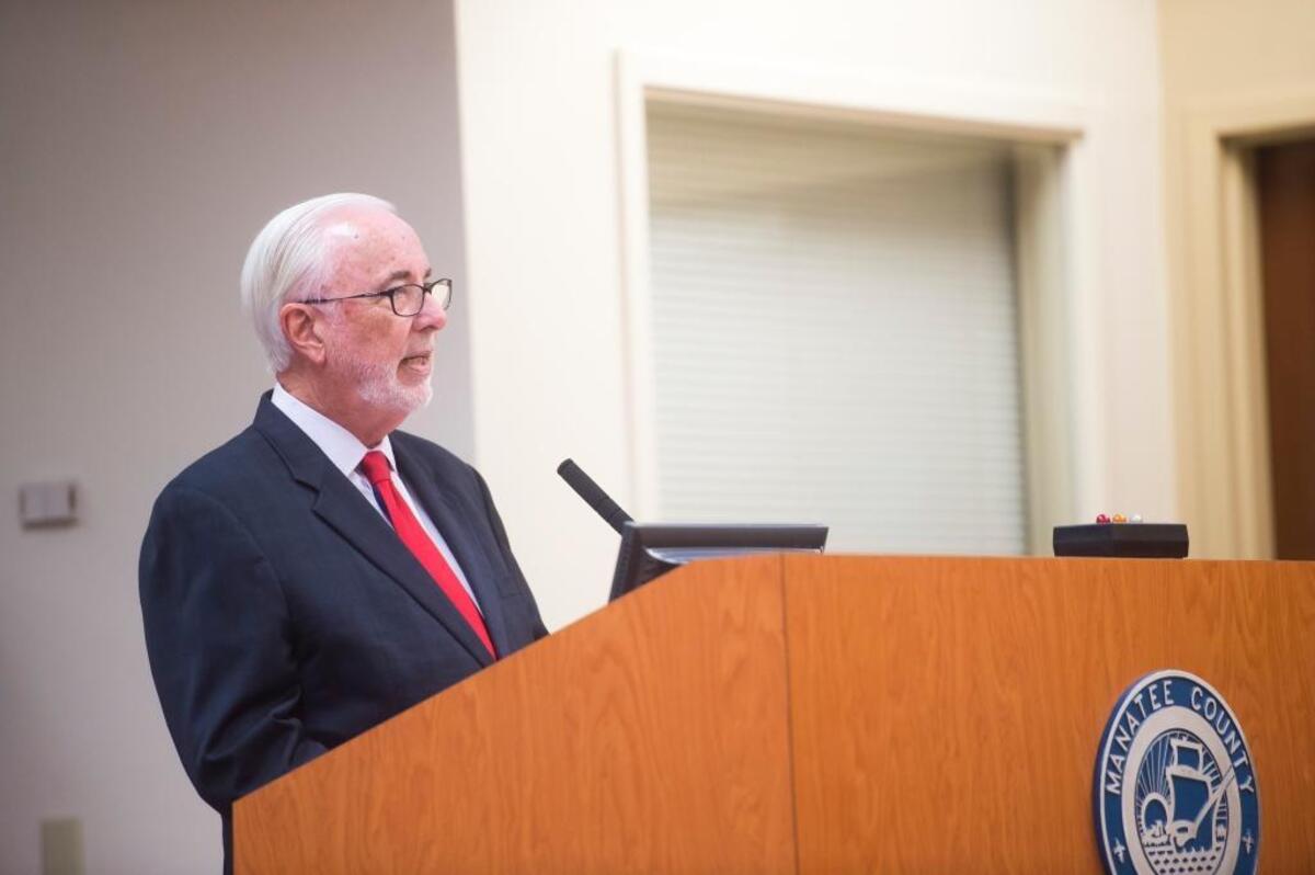Manatee County Administrator Ed Hunzeker delivers his final budget recommendation to the Manatee County Board of Commissioners in this 2017 file photo.