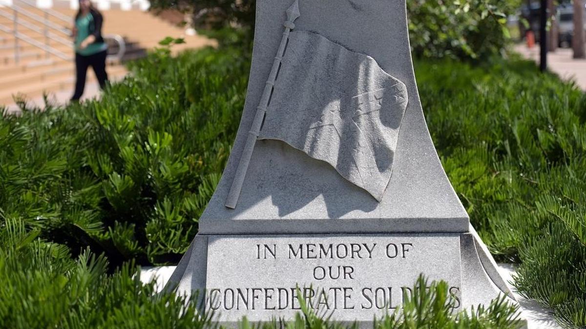 This file photo shows the base of the Confederate statue outside of the Manatee County Historic Courthouse.