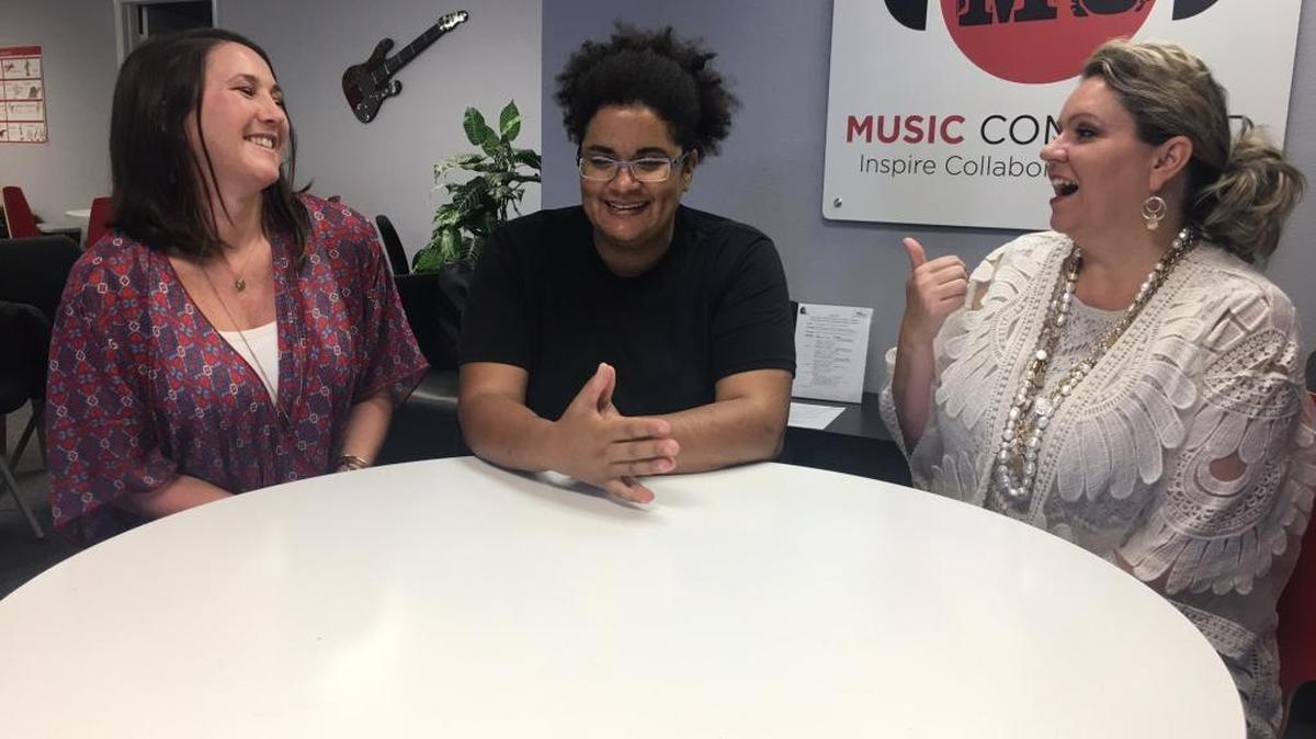 Jennifer Msumba, center, an adult singer-songwriter with autism from Wauchula in Hardee County, has decided to partner with Jenny Townsend, left, of Sarasota’s Music Compound and Veronica Brandon Miller, right, of Goodwill Manasota, on a new project to help autistic Goodwill team members express themselves through music, as Msumba has done.