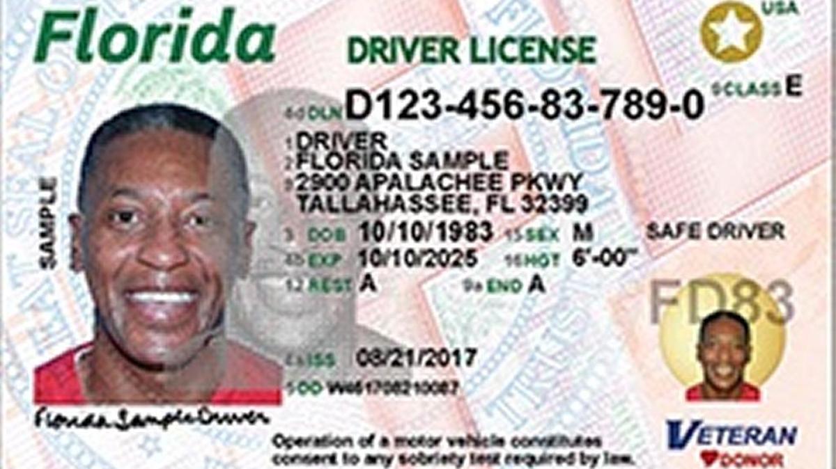 The front of the new Florida driver license and identification card will incorporate a pastel-colored linear rendering of the Florida state seal and a large orange “FL” over a stark white base. On the card back, an image of the state of Florida rests among ocean waves and the year 1845 is displayed, referring to the year Florida became the 27th state in the Union.
