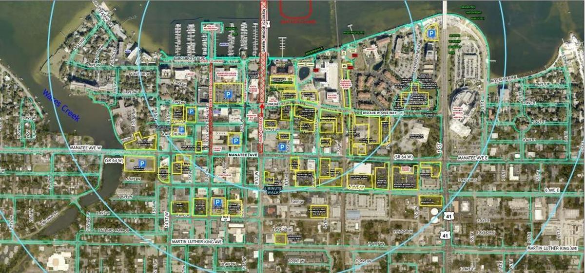 Parking in Bradenton within walking distance of the regatta is outlined in yellow. Parking is generally free, but some charitable organizations also will be operating private and public parking lots for a nominal donation.