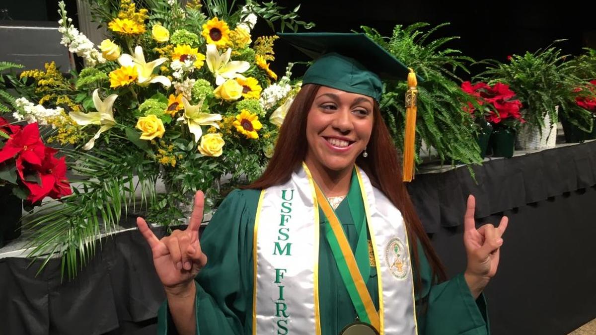 Bradenton's Jennifer Caba, 21, won the Outstanding Graduate Award and Golden Bull Service and Leadership Award at Sunday's University of South Florida Sarasota-Manatee fall 2016 commencement.