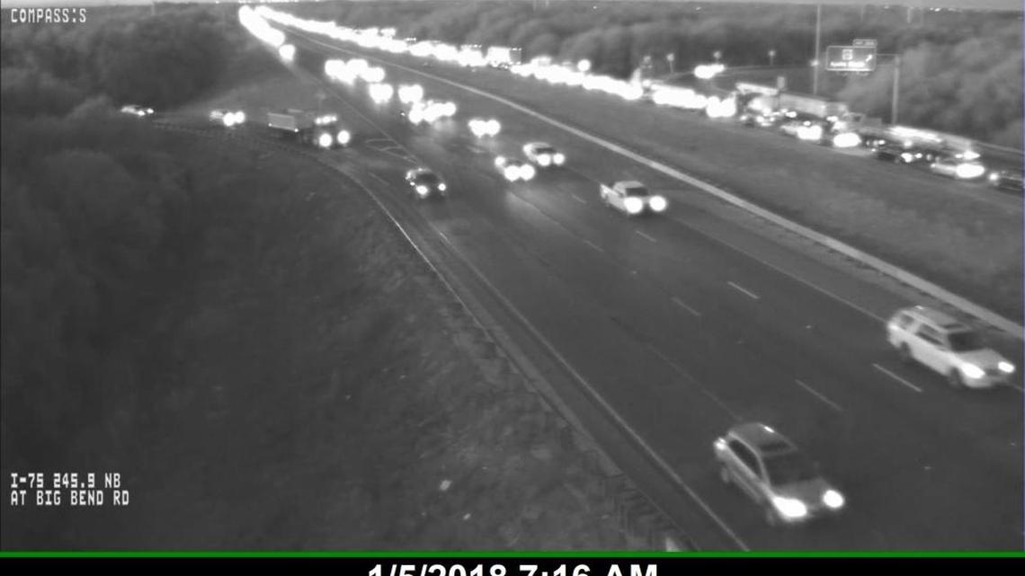 A vehicle fire in the southbound lanes of Interstate 75 has the right lane blocked Friday morning as crews work to put out the flames.