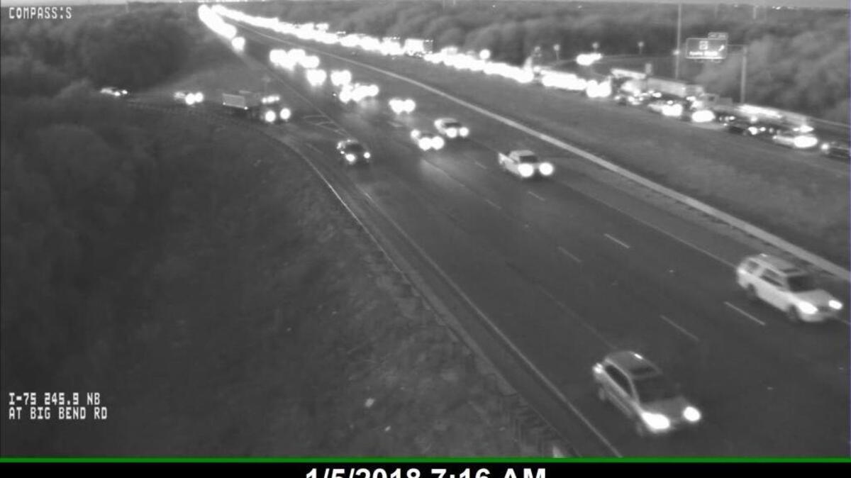 A vehicle fire in the southbound lanes of Interstate 75 has the right lane blocked Friday morning as crews work to put out the flames.