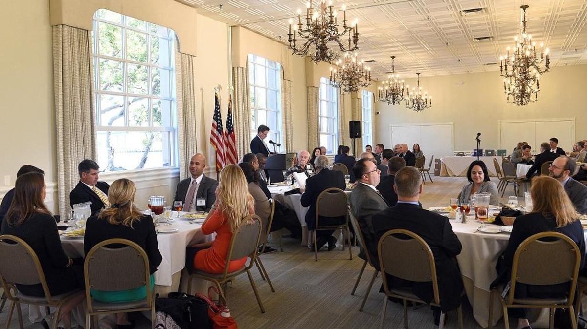 The program at the Manatee County Bar Association luncheon at Pier 22 detailed the Veterans Treatment Court program in the 12th Judicial Circuit. The speakers included Chief Judge Charles Williams, attorney and Vietnam Veteran, Dennis Plews and Alfred James, Administrator of the Veterans Treatment Court program.