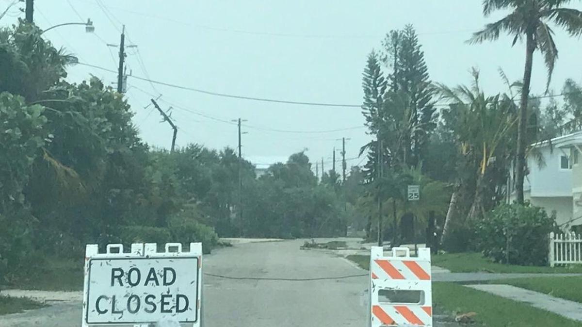 A down power line on the island just a few blocks from the Anna Maria City Pier.
