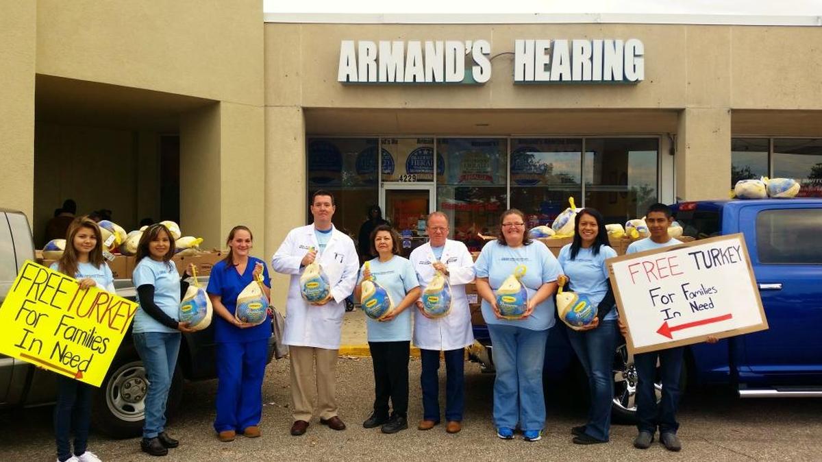 Employees of Armand’s Hearing Center are ready for their annual turkey giveaway at 4229 14th St. W., Bradenton. The owner of Armand’s, Daniel Throneburg, says he will give away 500 turkeys this year during Armand’s Second Annual Turkey Give Away from 9 a.m. to noon Saturday at the same location.