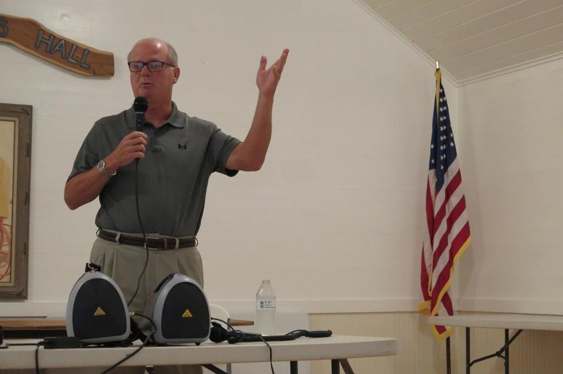 Stephen Jonsson, a candidate for the District 3 seat on the Manatee County Commission, speaks Thursday evening at a candidate forum held at Fisherman’s Hall in Cortez.