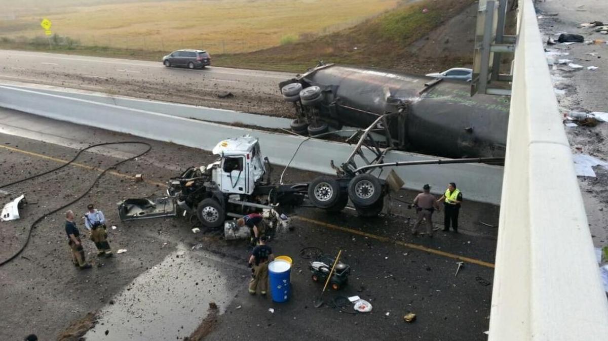 The scene of a semitrailer that had flipped over northbound Interstate 75 lanes onto Fowler Avenue.