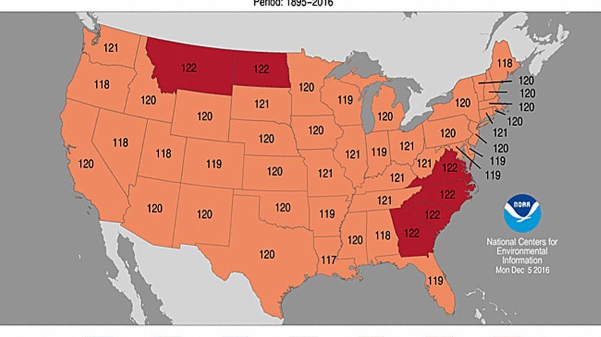 Statewide average temperature rankings for January to November 2016, showing Florida did not log its warmest year, but temperatures were still “much above average.”