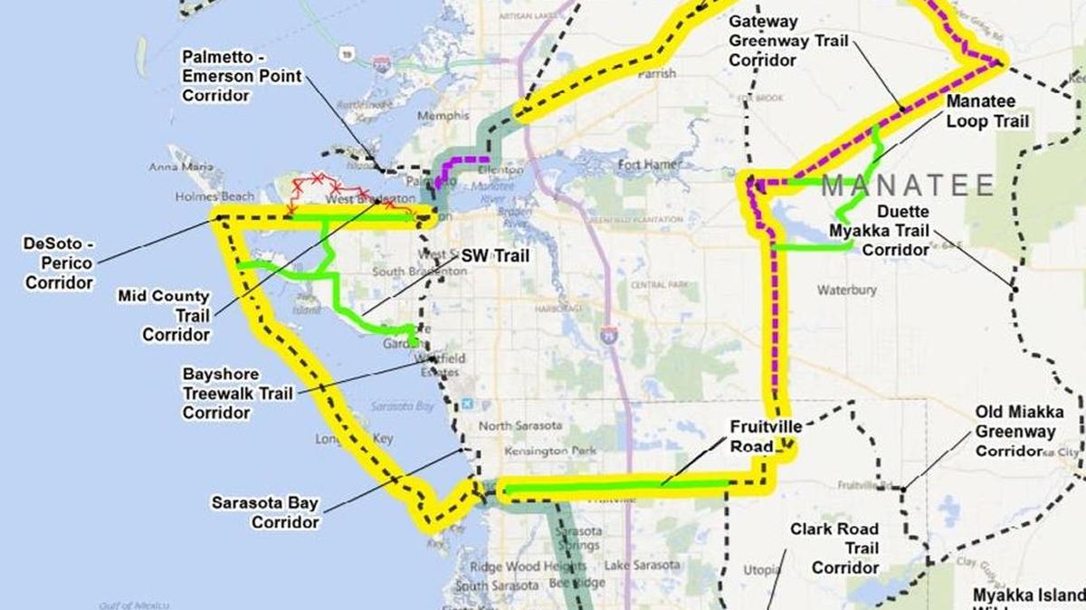 The latest version of the state’s proposed Sun Trail system through Manatee County has removed more than 15 miles along the Manatee River and Robinson Preserve. The latest drafts shows the trail moving in conjunction with Manatee Avenue which some say is a safety and economic disaster in the making. The red line along Riverside Boulevard is the recently deleted section with the yellow and dotted lines along Manatee Avenue as the added route.