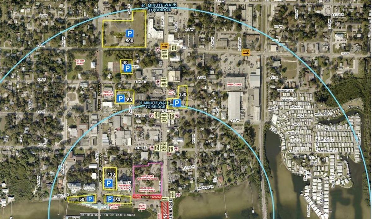 Parking in Palmetto within walking distance of the regatta is outlined in yellow. Parking is generally free, but some charitable organizations also will be operating private and public parking lots for a nominal donation.