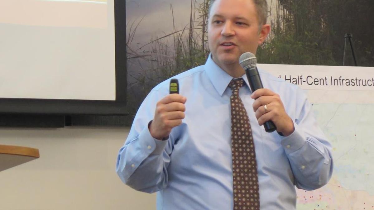 Nick Azzara, the county’s spokesman, speaks during Manatee County’s proposed half-cent sales tax during a meeting in Lakewood Ranch on Tuesday.