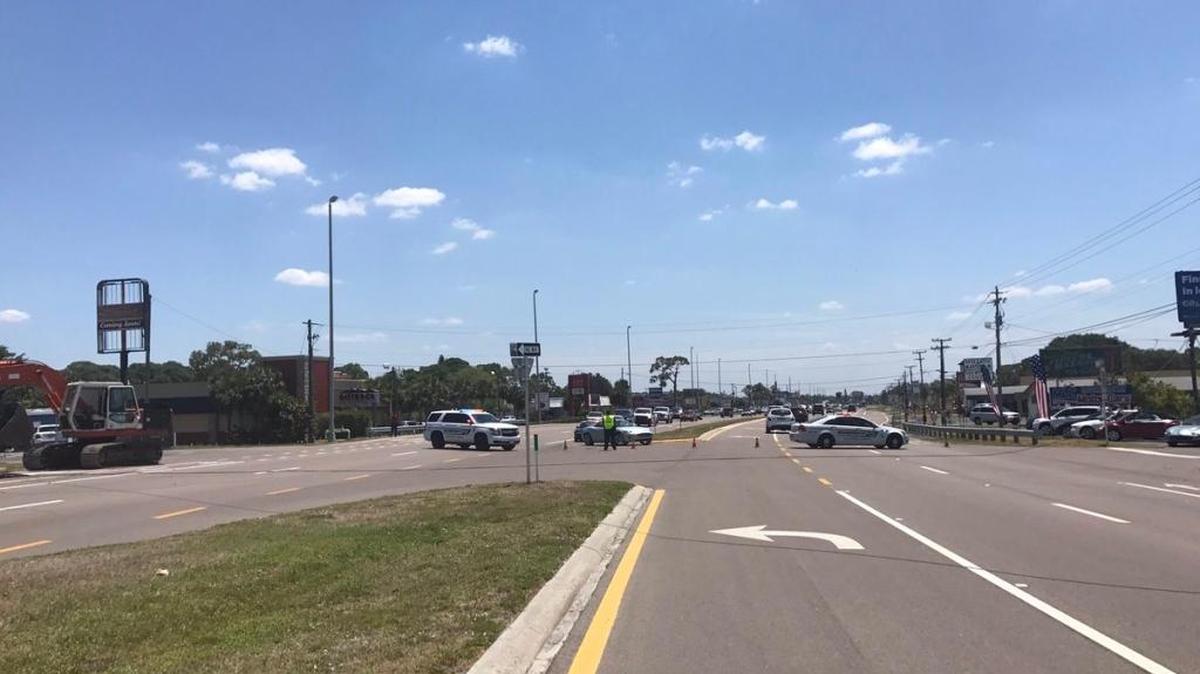 A construction truck backed into a power pole, knocking down power lines and shutting down U.S. 41 near Buccaneer Drive in Sarasota.