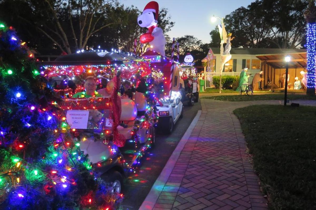 12-18-17--Residents at Horseshoe Cove RV Resort decked out their golf carts in the 19th Annual Golf Cart Parade.