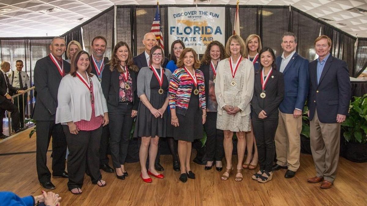 Eleven Florida educators were awarded with Gov. Rick Scott’s Shine Award for teachers and administrators who have made significant contributions to the field of education. One of them was Nicholas Leduc (fourth from left), a fourth-grade teacher at Braden River Elementary School.