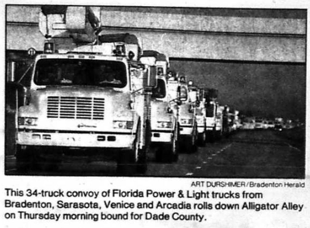 Art Durshimer took a photo of a line of Florida Power & Light trucks headed to South Florida on Aug. 27, 1992, as published in The Bradenton Herald.