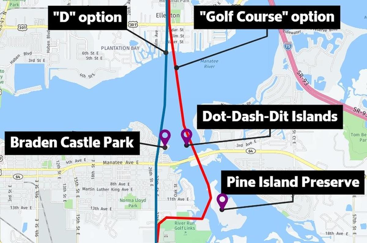 The approximate location of two FDOT bridge alternatives to connect Bradenton, Ellenton and Interstate 275.