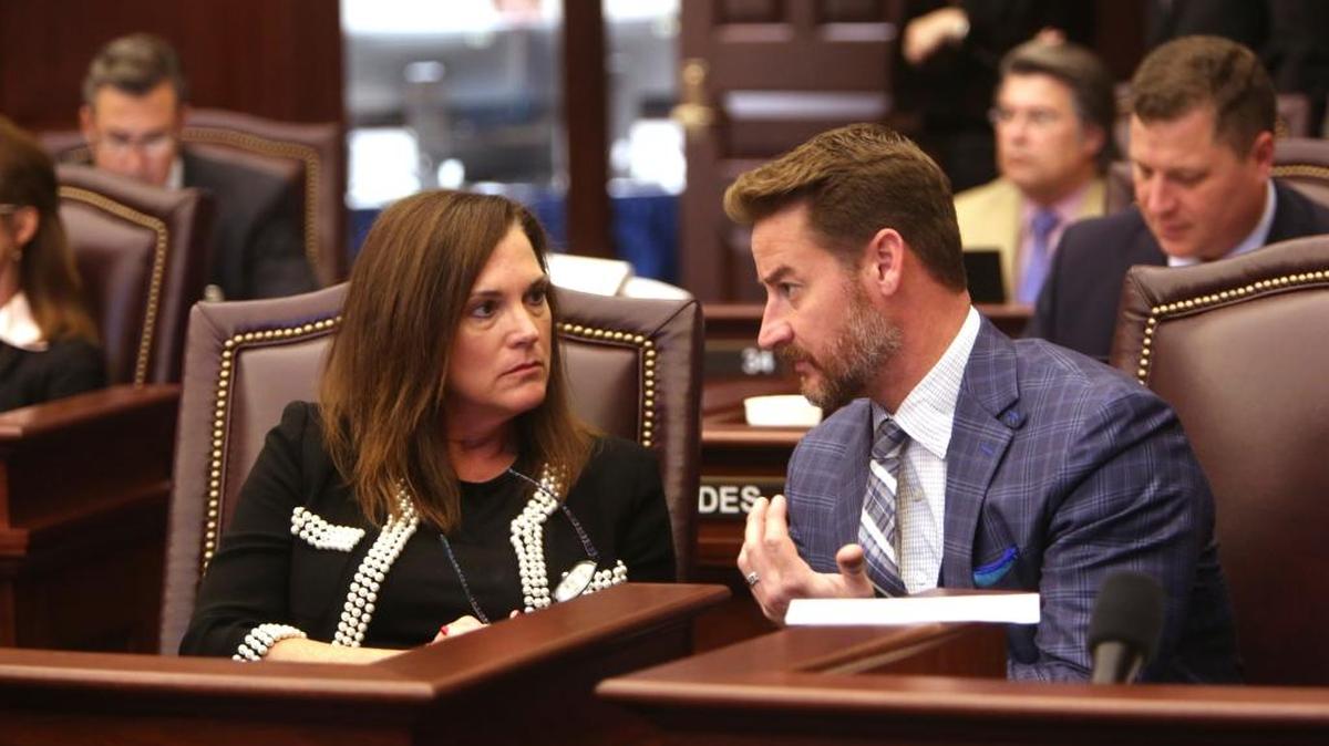 Florida Senators Dana Young, left, and Greg Steube talk on the floor of the Senate on March 8. Young sponsored a bill to safeguard Florida’s clean water supply and ban fracking.