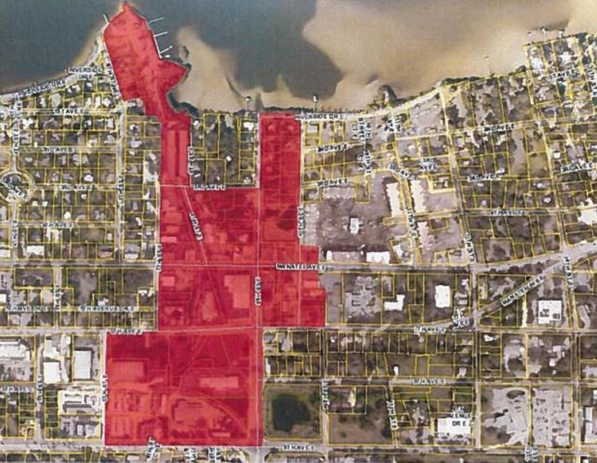 The areas in red are now Bradenton’s first entertainment district.