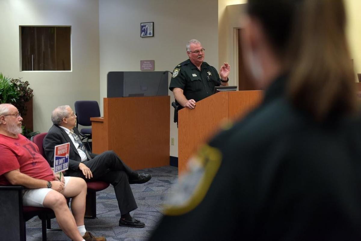 Col. Dwayne Denison of the Manatee County Sheriff’s Office addresses the Manatee County Commission during a special meeting Friday to discuss security ahead of the planned march and protests on Monday.