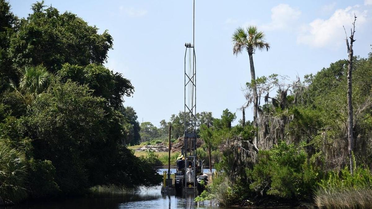 This barge on Braden River is part of the design phase of the bridge that will go over the river as part of the 44th Avenue East extension.