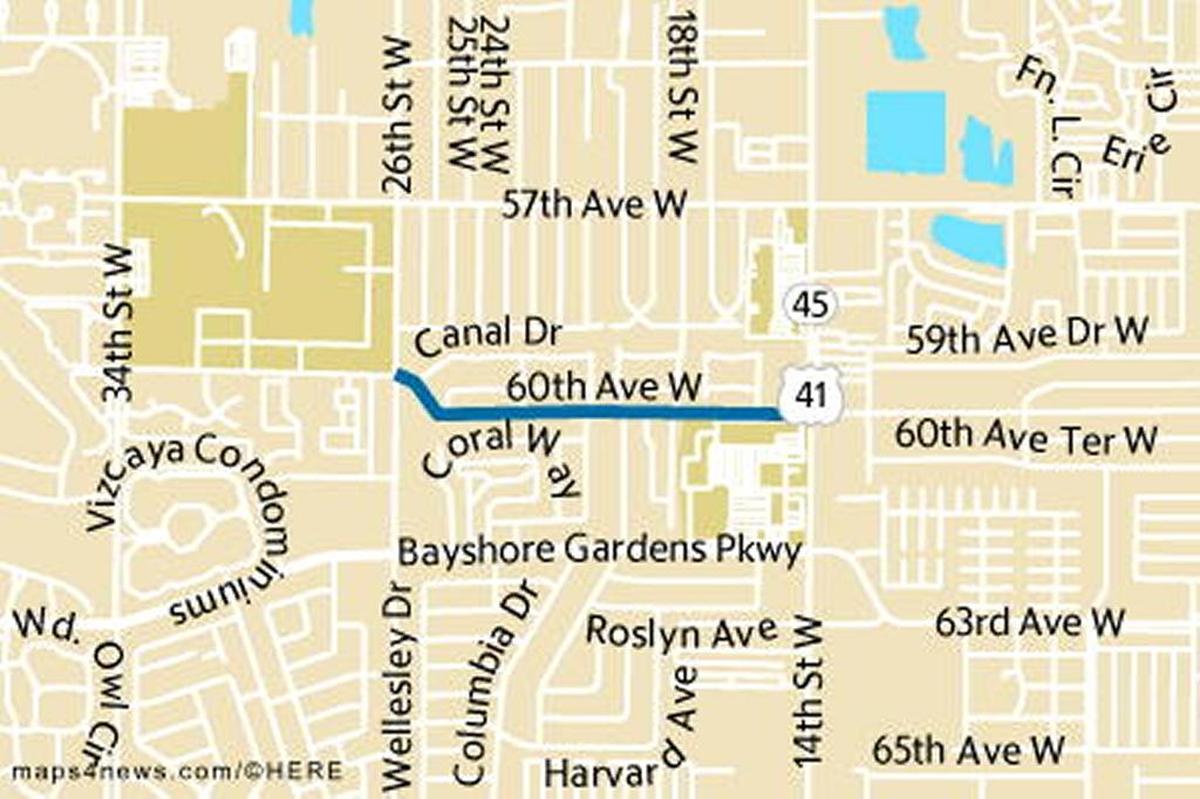 60th Avenue West from 26th Street West to U.S. 41 will be closed from Sept. 5 to Oct. 9.