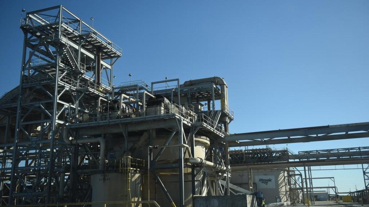 A portion of Mosaic Wingate Creek mine processing area on Jan. 9. Signs on the machinery read, “Tomorrow: the reward for working safely today,” and “Safety is no accident.”