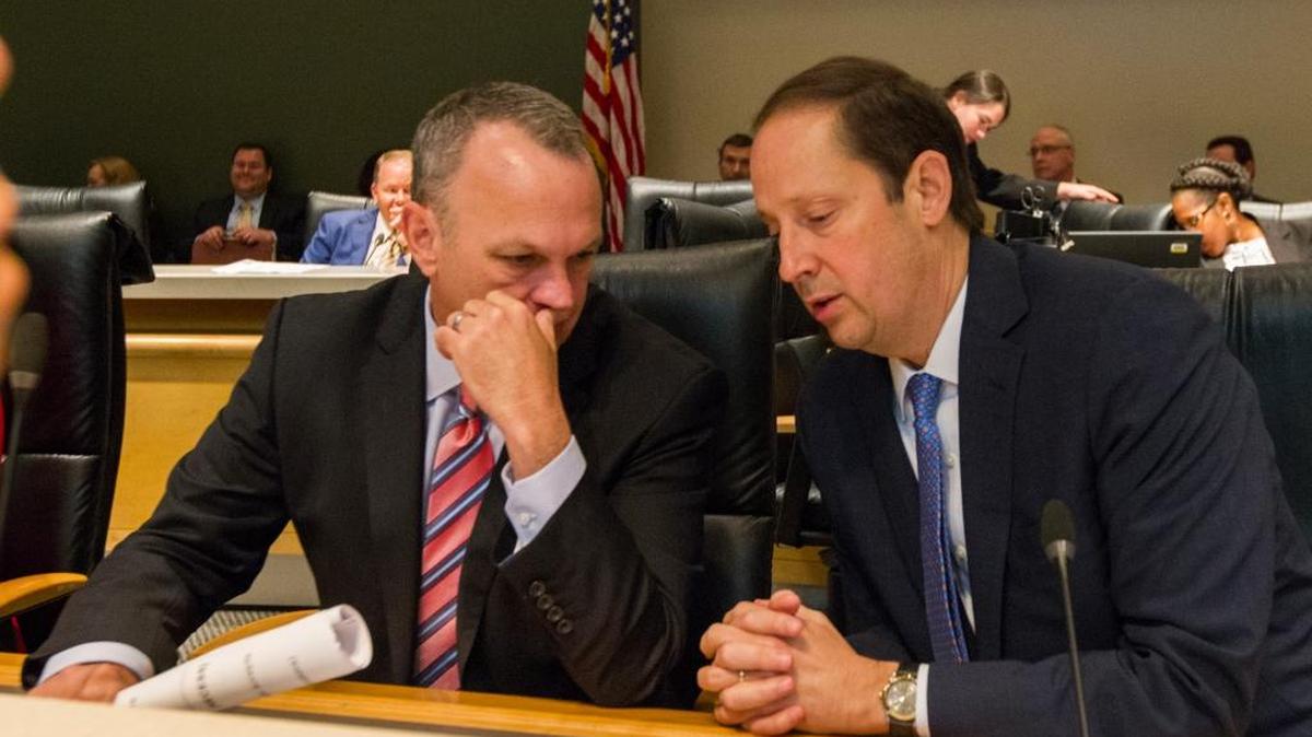 Speaker of the House Richard Corcoran, left, and Senate President Joe Negron work out budget differences during a late afternoon budget conference Friday, May 5, 2017 at the Florida Capitol in Tallahassee.
