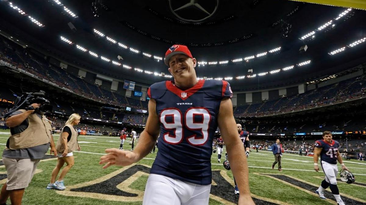 File image: Houston Texans defensive end J.J. Watt (99) waves to the stands as he walks off the field after a preseason NFL football game against the New Orleans Saints in New Orleans, Sunday, Aug. 30, 2015. (AP Photo/Jonathan Bachman)
