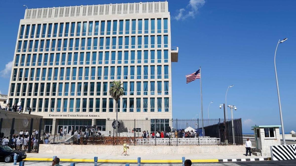 The U.S. embassy in Havana. Senior U.S. officials say the United States is withdrawing about 60 percent of its staff out of Cuba and warning American travelers not to visit due to attacks on U.S. diplomats onthe island. Cuba has denied responsibility.
